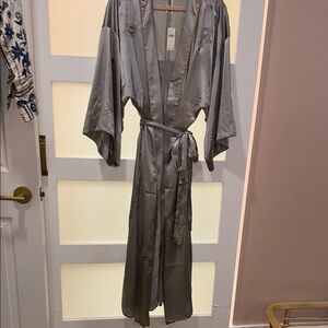 Anthropologie Elegant Embroidered Moon Gray Kimono Robe